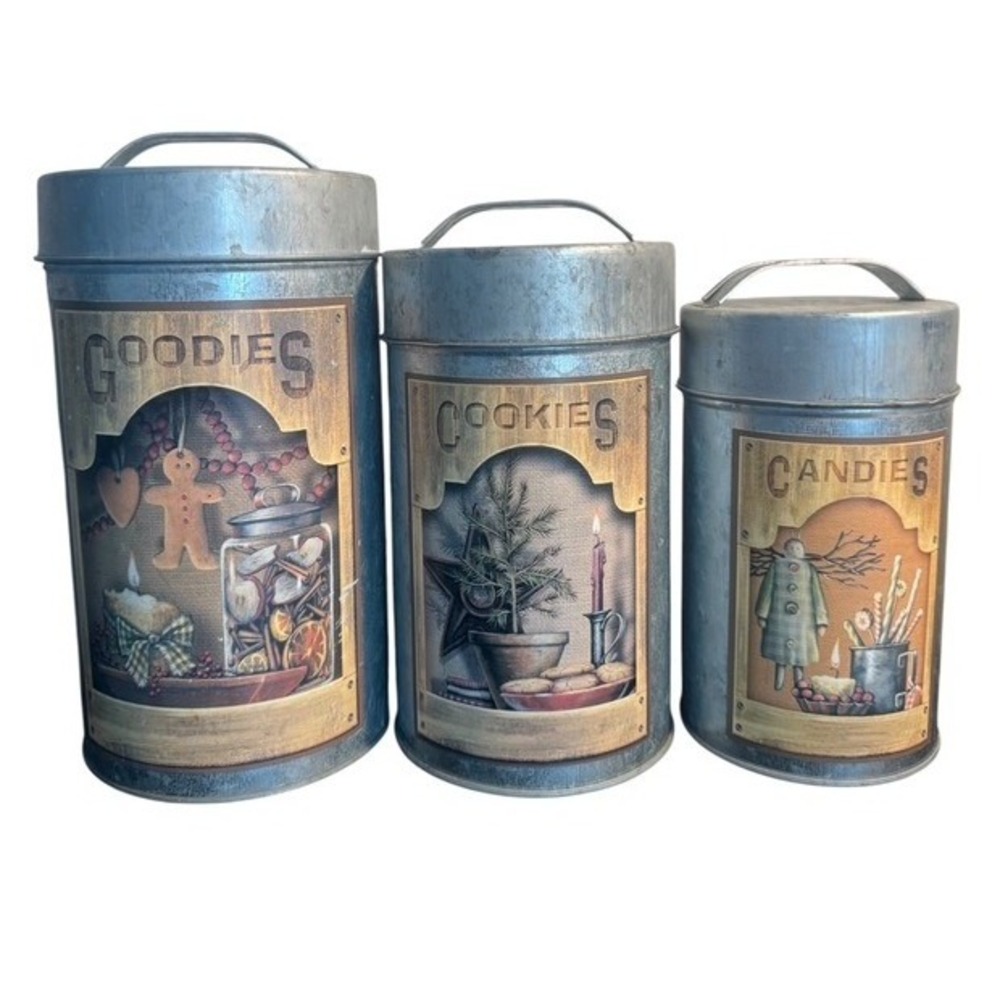 Galvanized Rustic Silver Nesting Canister Set Primitive Holiday Decor 3pc